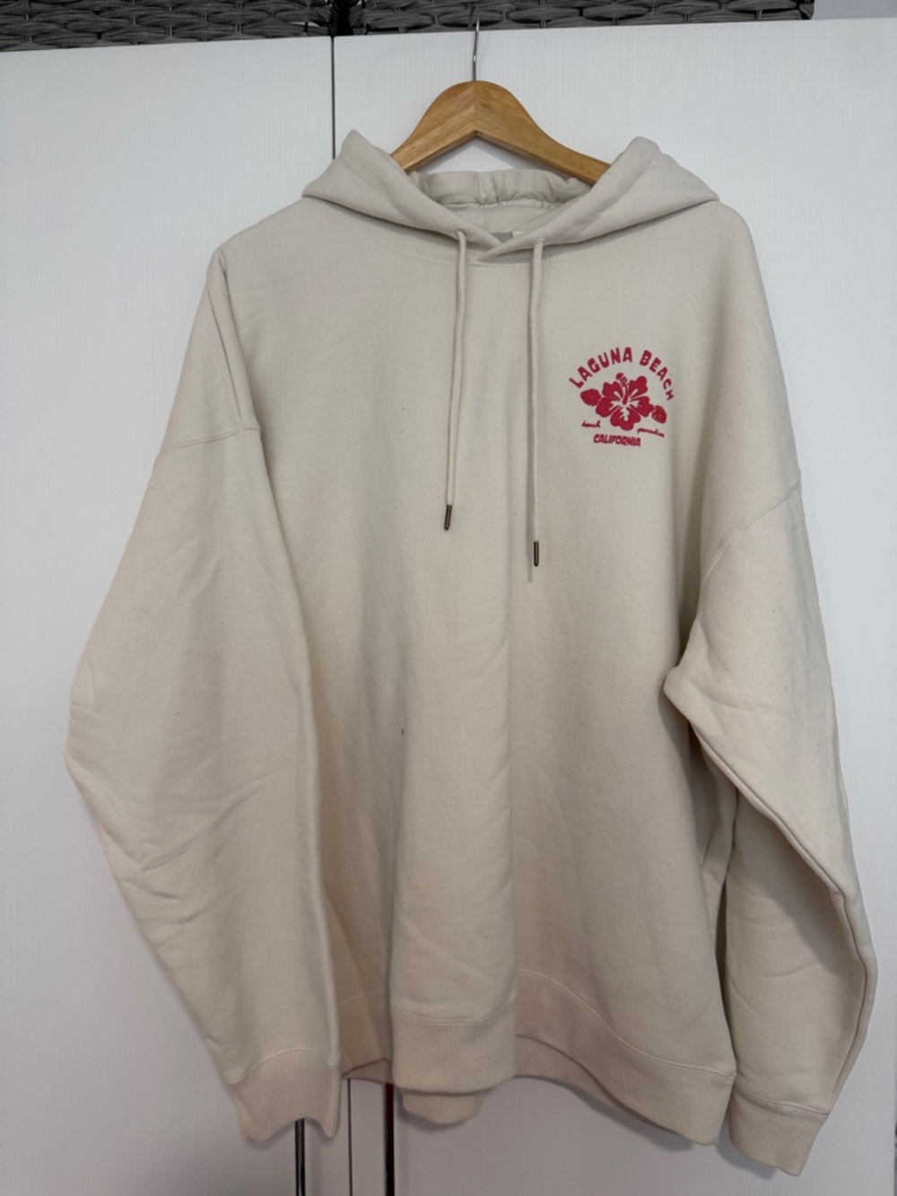 Laguna Beach Cream Hoodie with Red/Pink Chest Logo